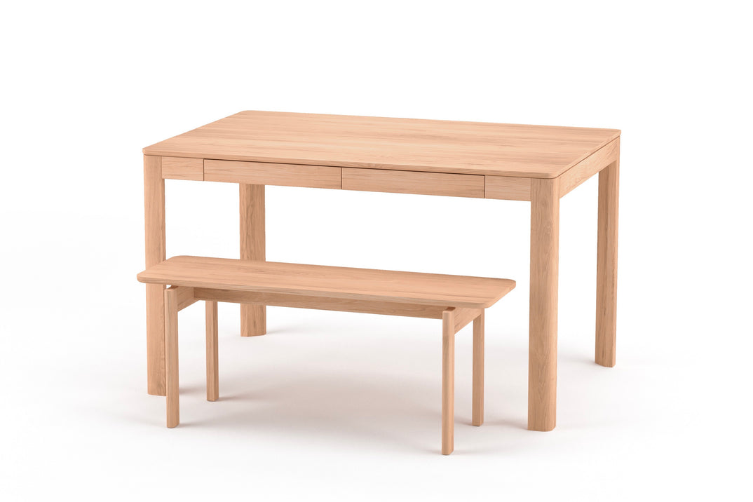MIMOSA Dining Table：樹種：オーク　サイズ：W1400×D800mm　オプション：引き出し　　MIMOSA Bench：樹種：オーク　サイズ：W1200mm（CGイメージ）
